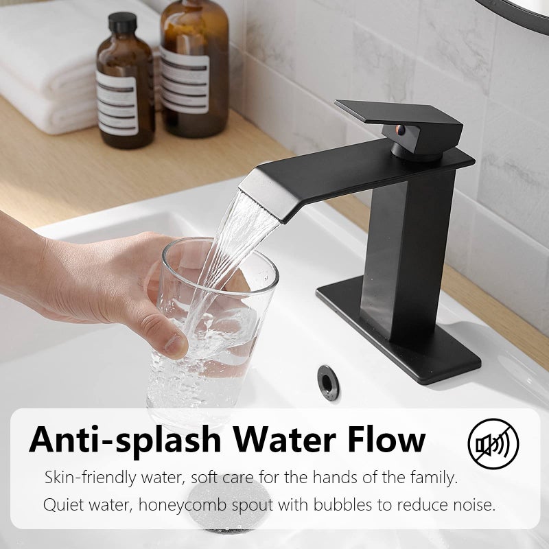 BATHLAVISH Matte Black Bathroom Faucet Waterfall Single Hole with Pop Up Drain with Overflow Matt Modern Single Handle Vanity Lavatory Sink 1 or 3 Hole Deck Mount - Image 4